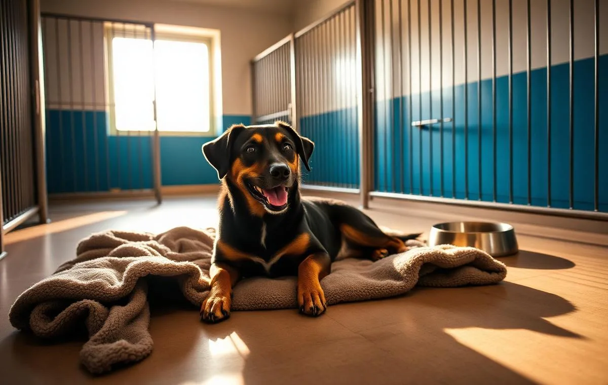 A relaxed dog resting on a blanket in a bright boarding run
