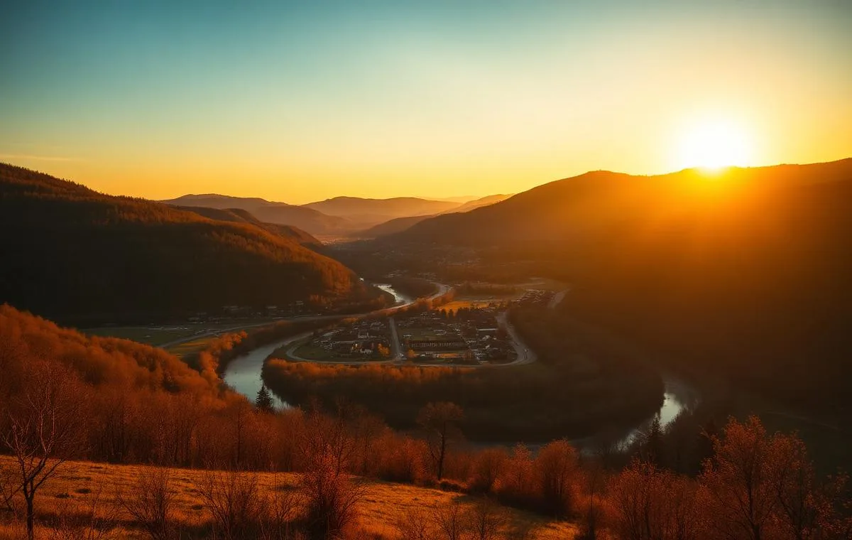 Golden hour over the forested Appalachian valley around Erwin, Tennessee